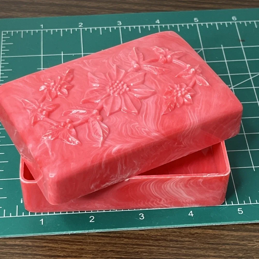 VTG Pink Marbled TILCO Soap / Trinket Box w Floral Embossed Lid Celluloid?